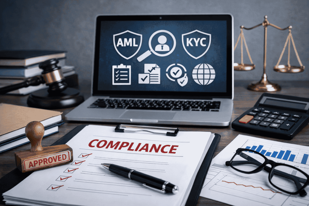 Global bank compliance desk showing AML and KYC checks that contribute to high-risk merchant de-risking in 2026