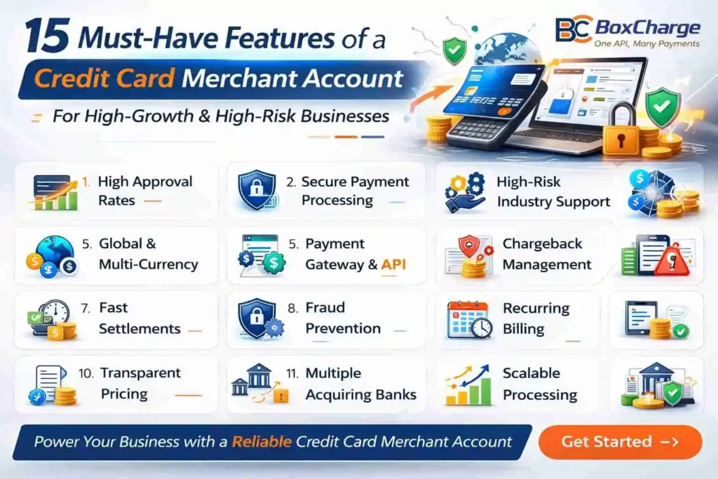 Features of a credit card merchant account, including secure online payment processing, chargeback management, multi-currency support, and high-risk business solutions.
