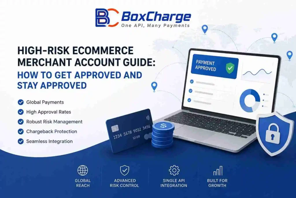 High-risk ecommerce merchant account showing global payment processing, transaction flow, and risk management